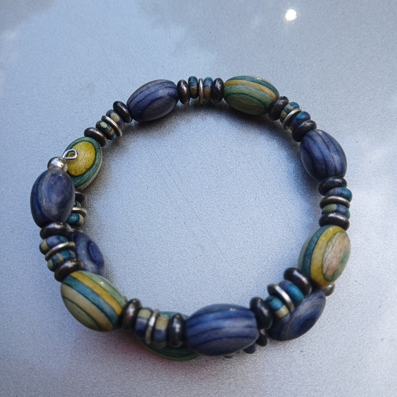 Wooden bobble Stretch on Bracelet Blue, green, yellow - Picture 1 of 4
